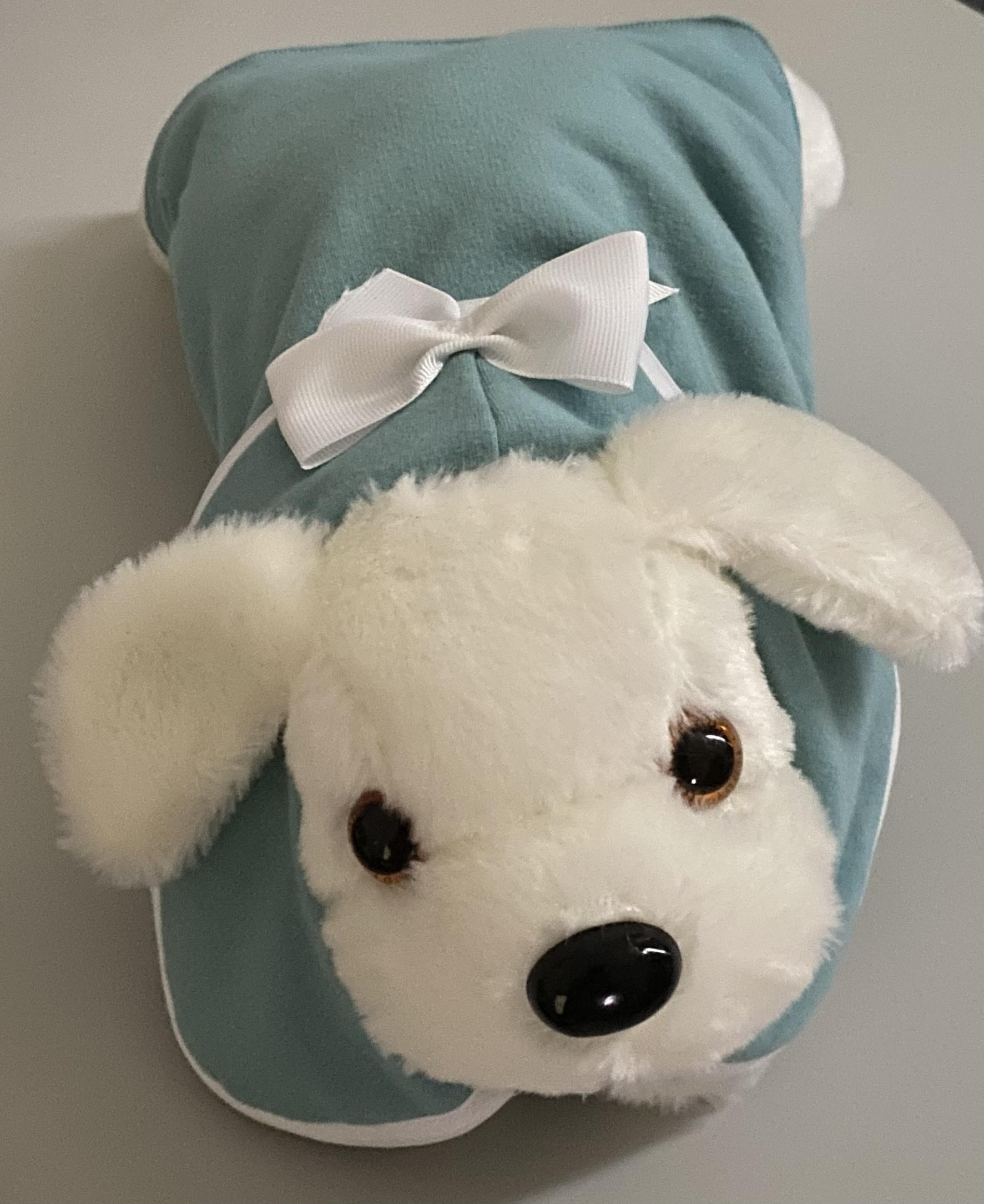 Custom Dog Coat Aqua White Trim and White Bow