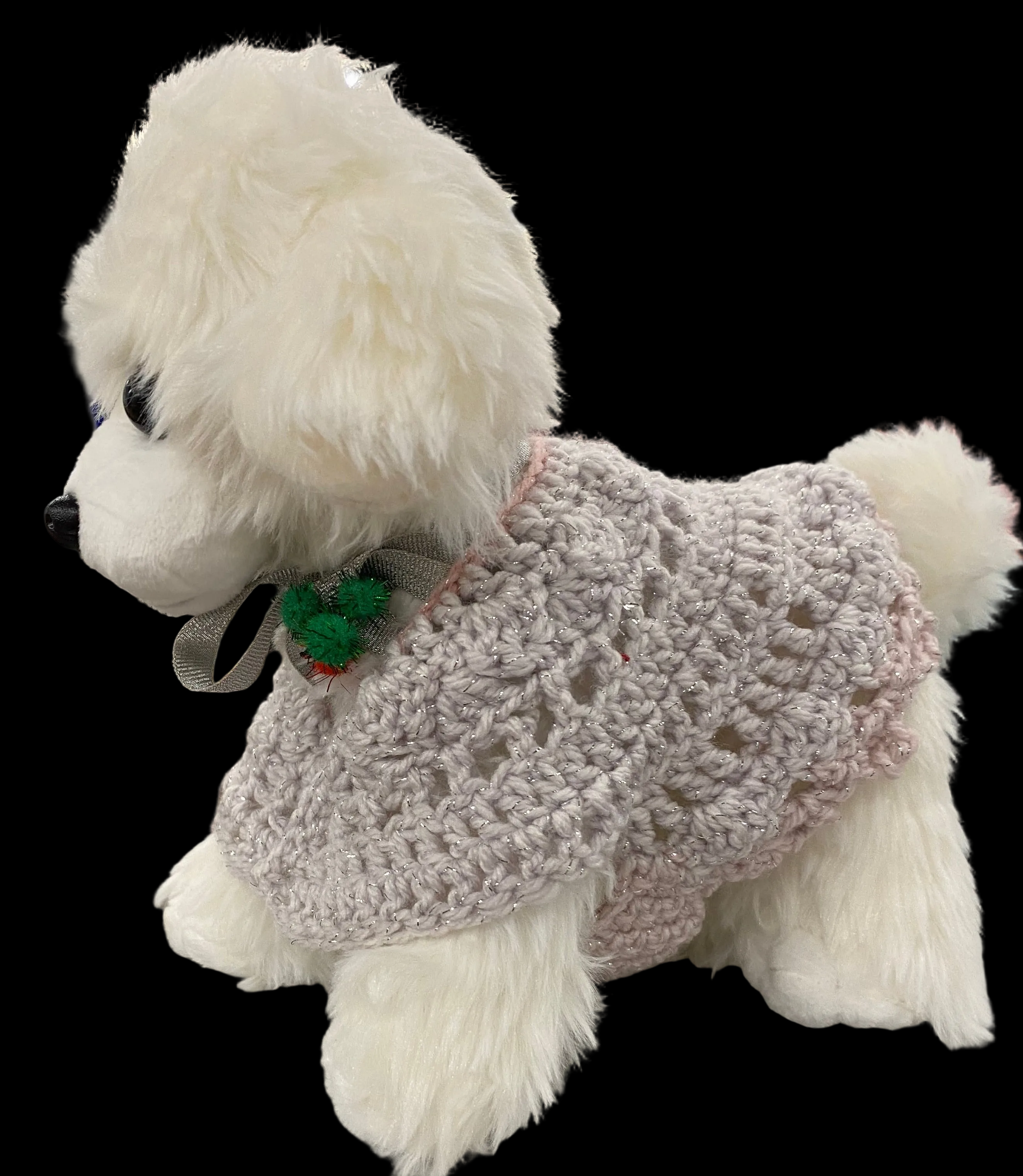 Custom Holiday Doggie For Sale with a Handmade crochet light pink coat for protection