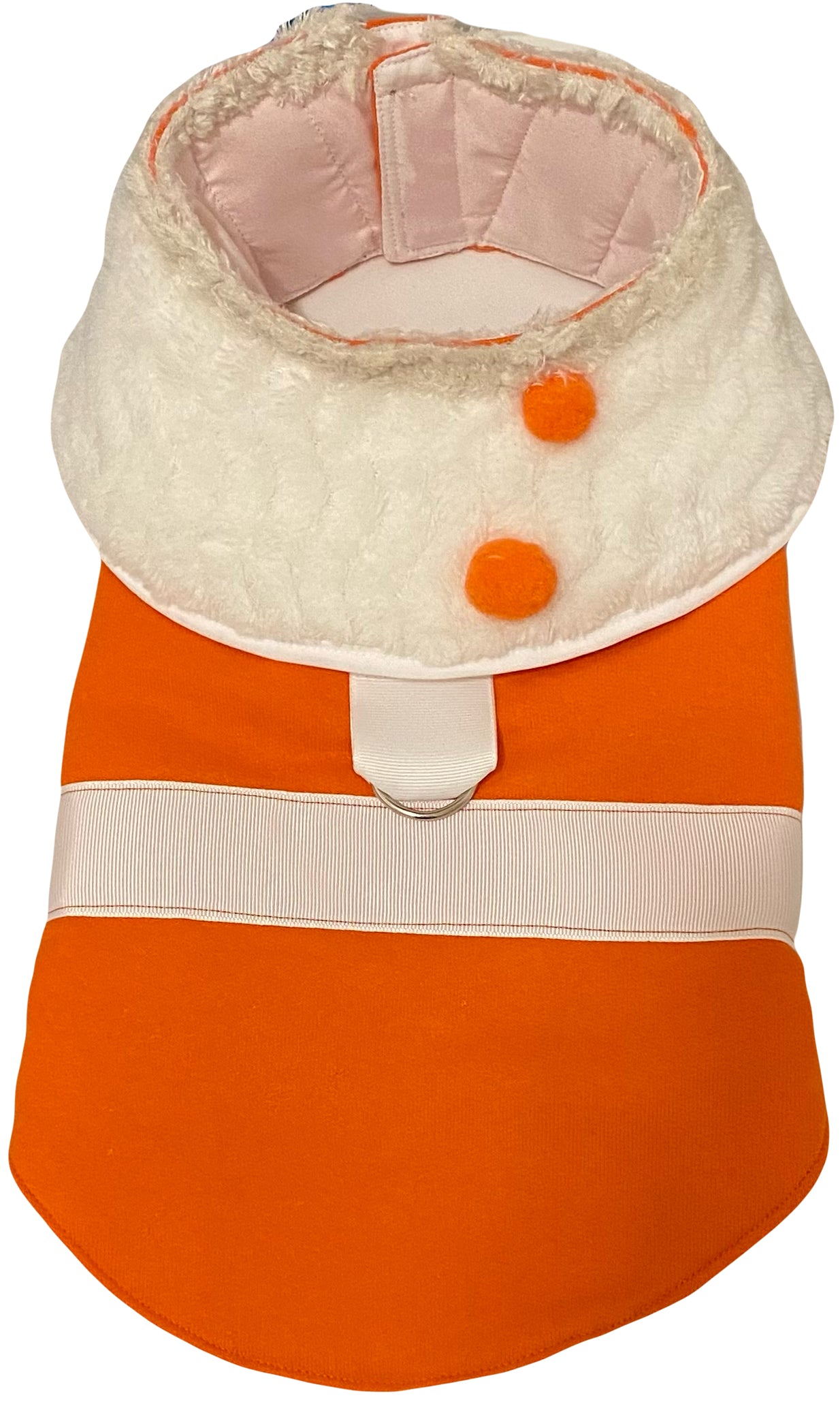 Custom Handmade Dog Coat in  Orange Fleece with white collar and accents comfy protection