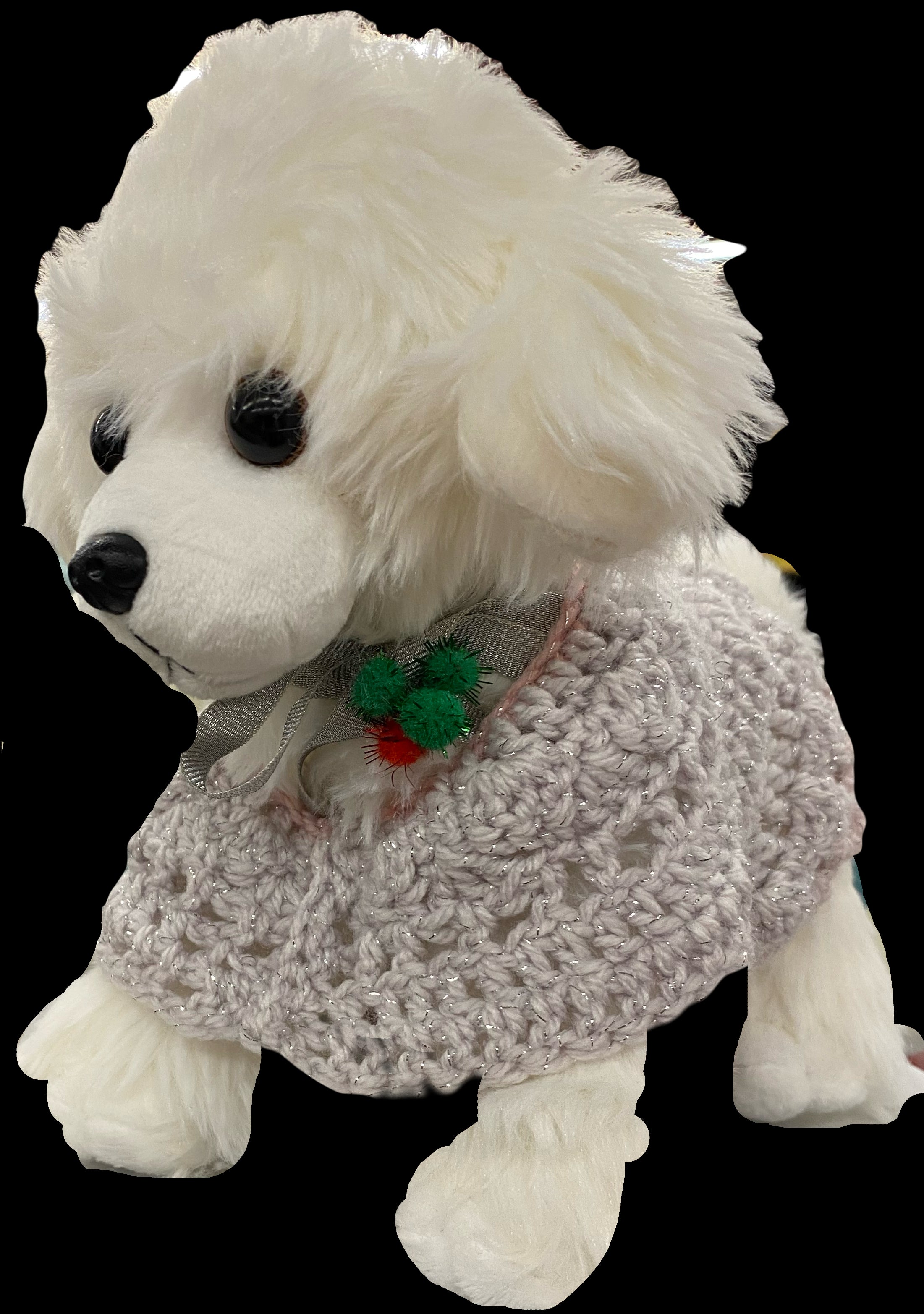 Custom Holiday Doggie For Sale with a Handmade crochet light pink coat for protection