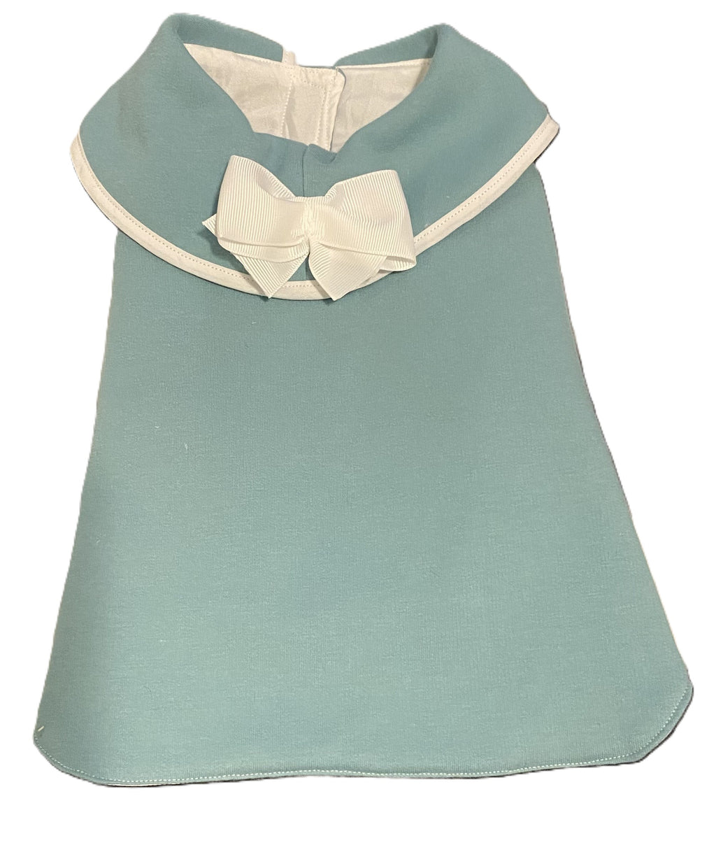 Custom Dog Coat Aqua White Trim and White Bow